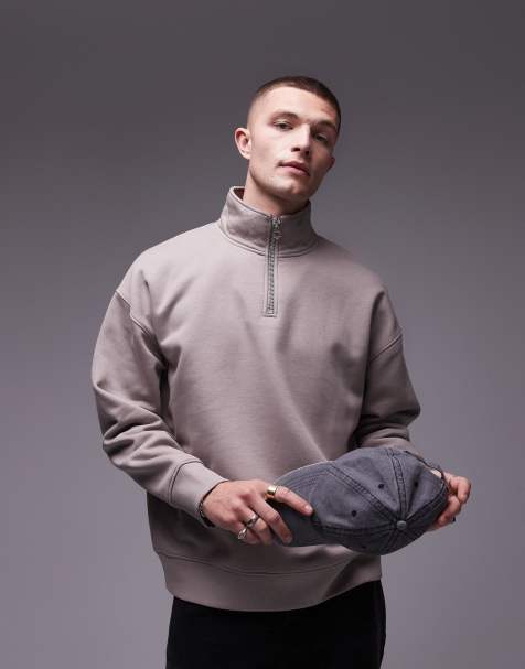 Topman - Sweat oversize épais à col zippé de qualité supérieure - Taupe - view 1