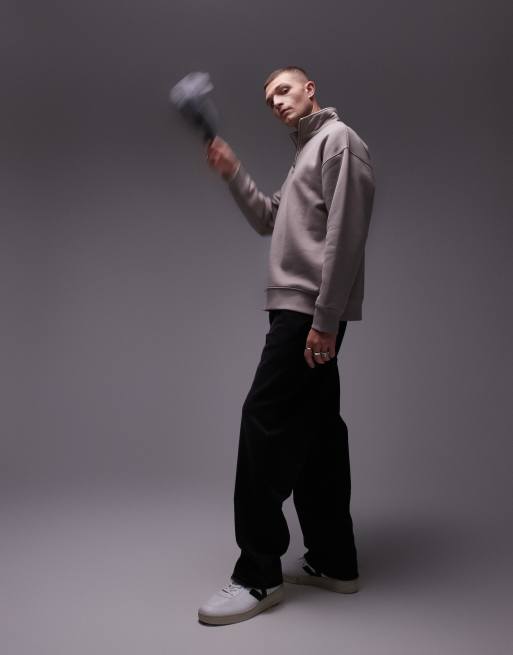 Topman - Sweat oversize épais à col zippé de qualité supérieure - Taupe, 3 de 4