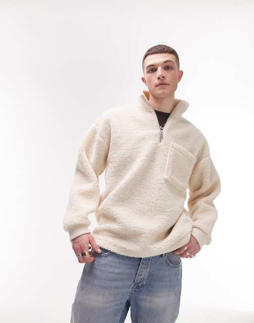 Topman - Sweat oversize imitation peau de mouton à col zippé - Écru