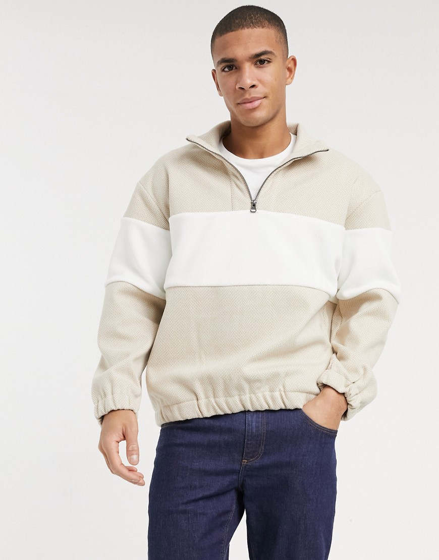 Topman - Sweater met 1/4e rits en kleurvlakken in stone-Neutraal