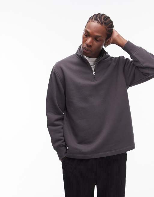 Topman – Sweatshirt in Anthrazit mit kurzem 1/4-Reißverschluss