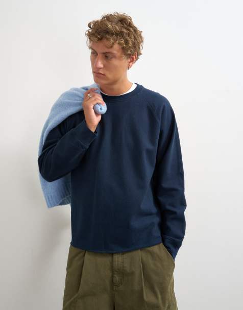 Topman Sweatshirt in klassischer Passform mit Raglanärmeln, Cropped-Schnitt und offenem Saum in Marineblau - view 1