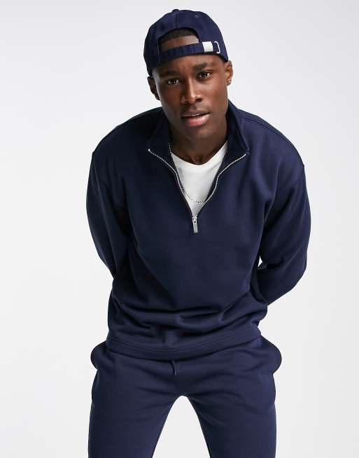 Topman - Sweatshirt met 1/4 rits in marineblauw
