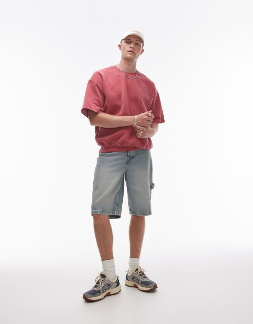 Topman - Sweatshirt met korte mouwen en vintage wassing in rood