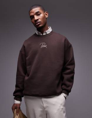 Topman - Sweatshirt van zware stof met oversized pasvorm en 'Paris'-borduursel in bruin - view 1