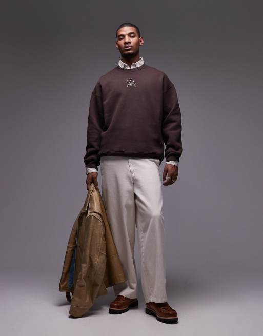 Topman - Sweatshirt van zware stof met oversized pasvorm en 'Paris'-borduursel in bruin, 2 van 4