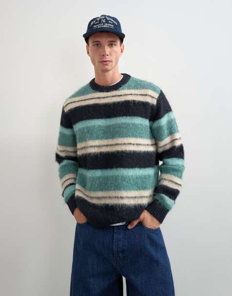 Topman sweter dzianinowy w paski o luźnym kroju, puszysty, w kolorze turkusowym - view 1