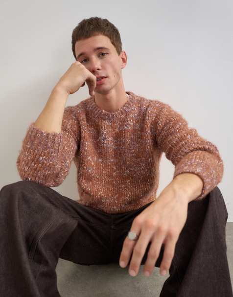 Topman sweter o fakturze, dzianinowy, luźny krój, z okrągłym dekoltem, wrzosowy - view 1