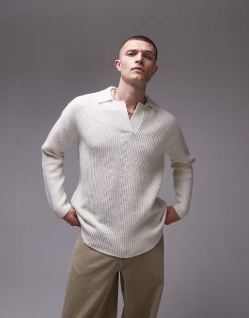 Topman – Sweter o luźnym kroju z okrągłym dekoltem z wełny jagnięcej w kolorze ecru