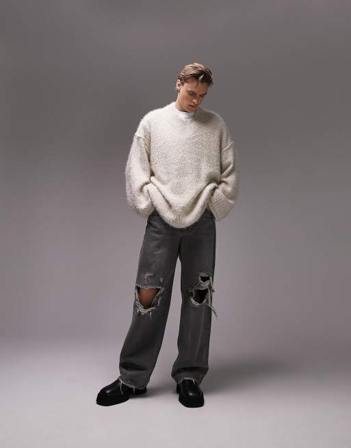 Topman – Sweter oversize z grubej dziany z dekoltem w szpic w kolorze ecru, 4 z 4