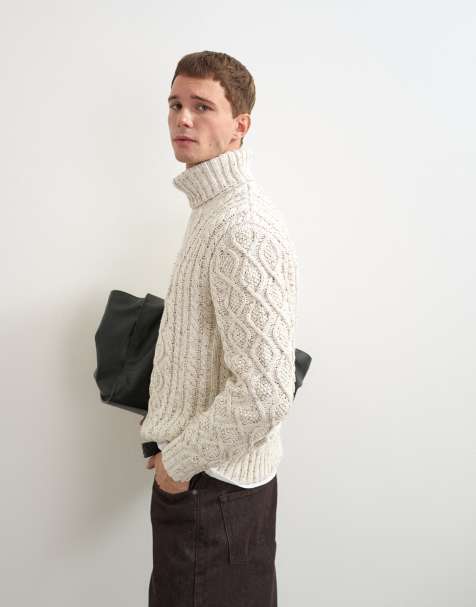 Topman sweter z golfem o luźnym kroju o warkoczowym splocie w kolorze ecru - view 1