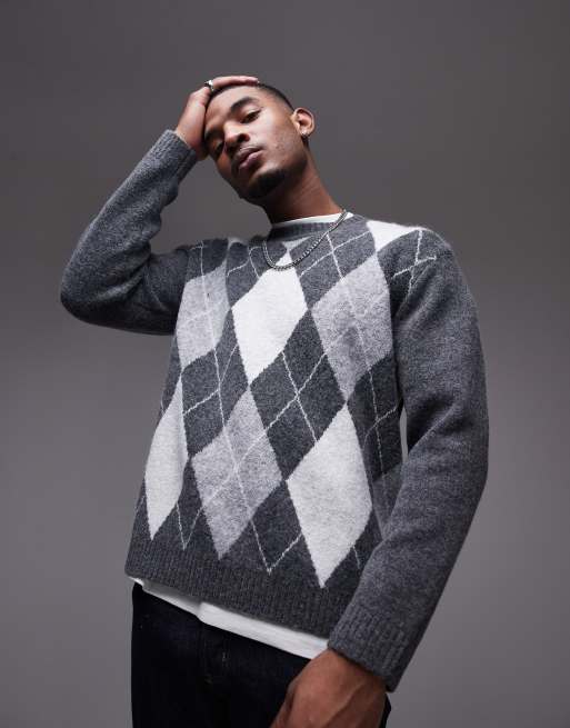Topman – Sweter z okrągłym dekoltem we wzór w szaro-białe romby