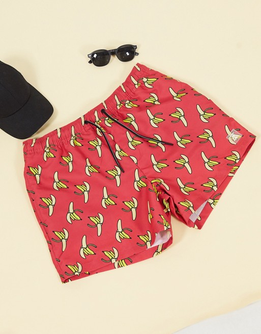 Topman swim shorts with banana print in red