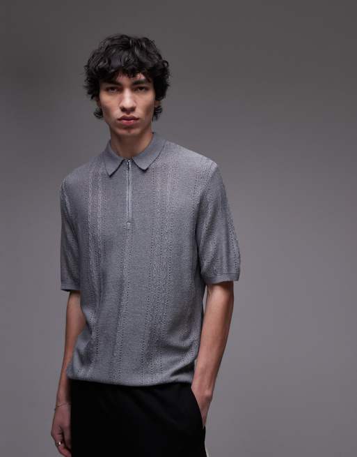 Topman – Szara dzianinowa teksturowana koszulka polo z krótkim rękawem i zapięciem na suwak pod szyją