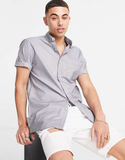 Topman – Szara koszula oxford z krótkim rękawem 