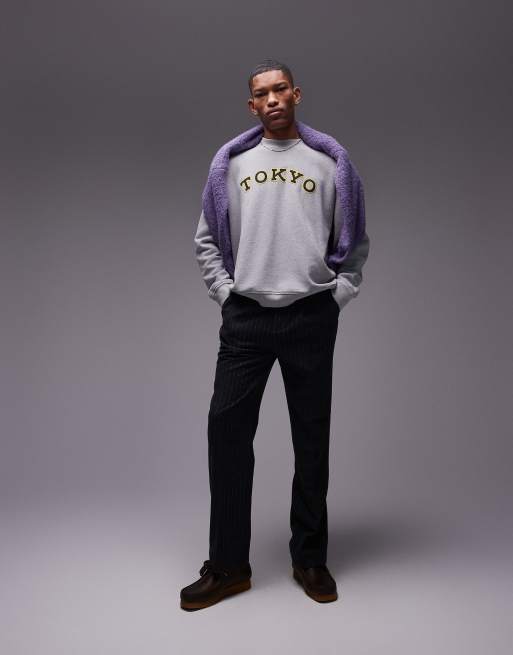 Topman – Szara melanżowa bluza oversize z haftowanym napisem „Tokyo”, 5 z 5