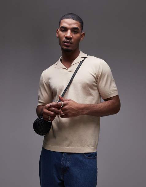 Topman short sleeve knitted open revere shirt in stone