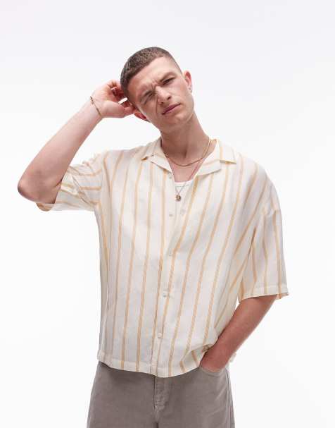 Topman – Szarobeżowa koszula w paski z krótkim rękawem z mieszanki lnu - view 1