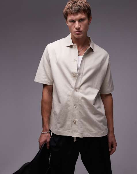 Topman crop fit button through jersey shirt in stone