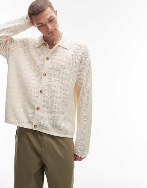 Topman long sleeve crochet polo shirt in stone
