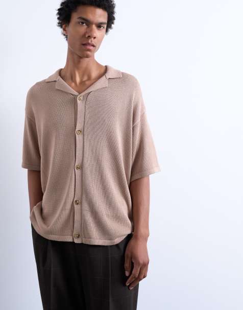 Topman relaxed button through shirt in stone