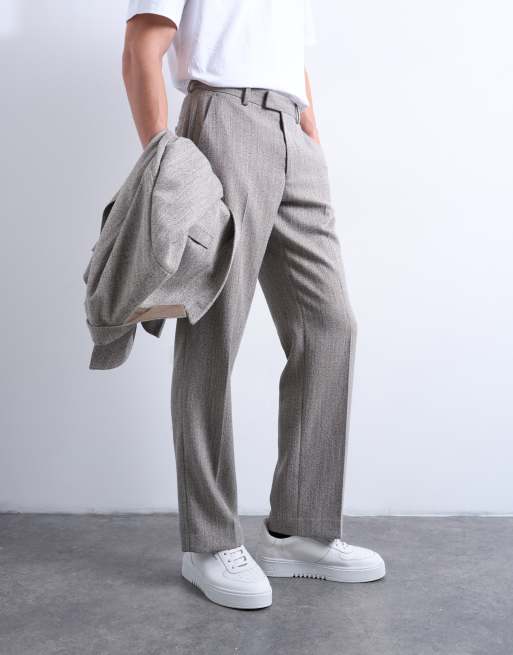 Topman – Szarobeżowe spodnie o luźnym kroju we wzór w jodełkę, 2 z 5