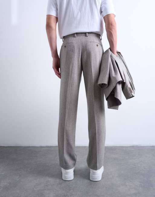 Topman – Szarobeżowe spodnie o luźnym kroju we wzór w jodełkę, 5 z 5