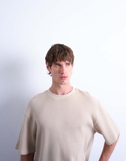 Topman – Szarobeżowy gruby T-shirt o krótkim fasonie z materiału o waflowej strukturze