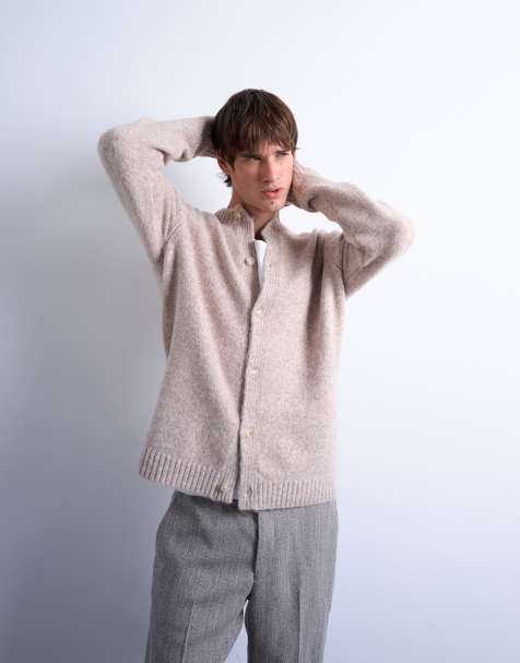 Topman crew neck cardigan in stone