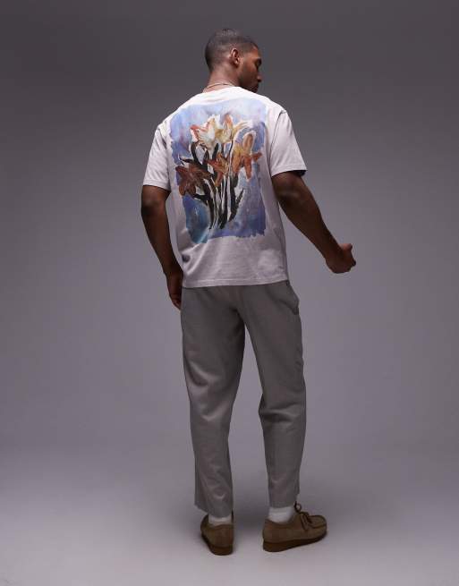 Topman – Szarobeżowy T-shirt o luźnym kroju z nadrukiem z żonkilami z przodu i na plecach