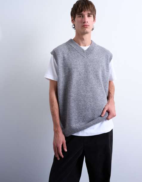 Topman oversized fit knitted v-neck tank in grey