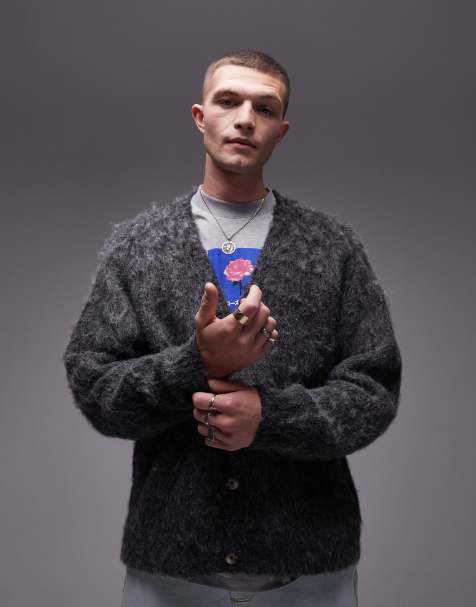 Topman – Szary kardigan o luźnym kroju i puszystej teksturze - view 1