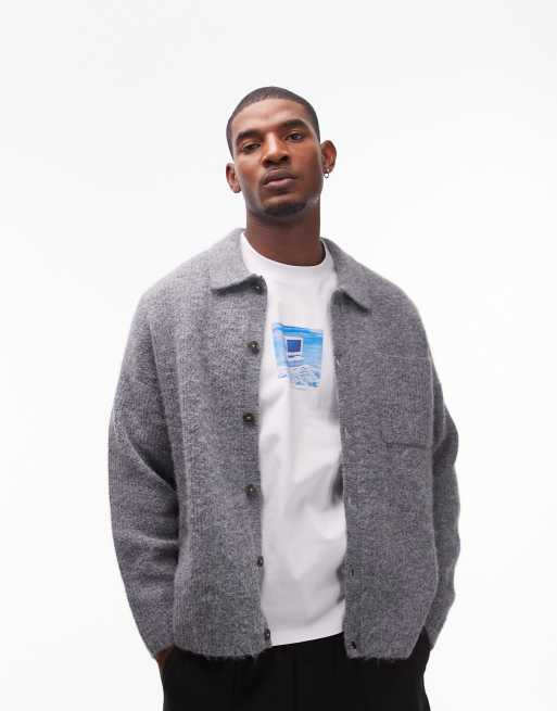 Topman – Szary melanżowy kardigan o luźnym kroju z kołnierzem z czesanej dzianiny