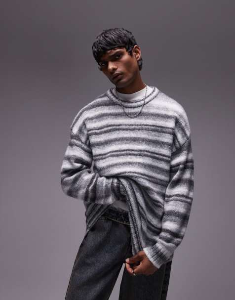 Topman relaxed fit fluffy stripe jumper in grey stripe