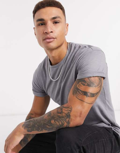 Topman – Szary T-shirt z podwiniętymi rękawami