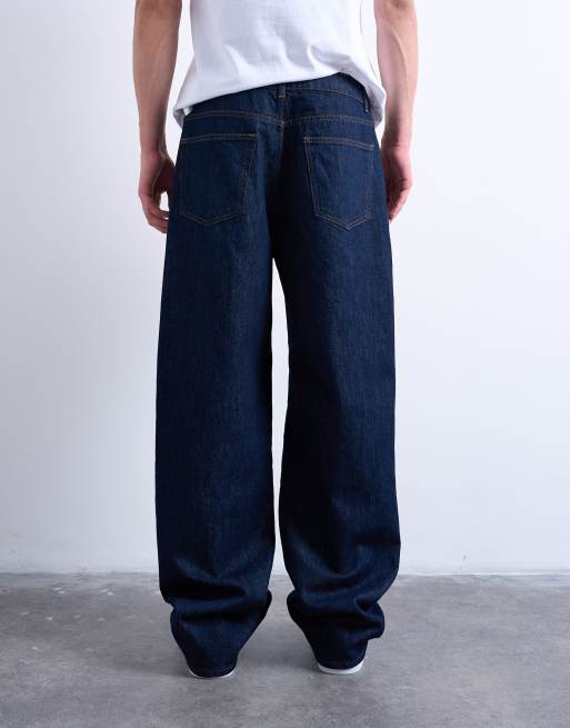 Topman – Szerokie ciemnoniebieskie jeansy ze sztywnego denimu, 4 z 7
