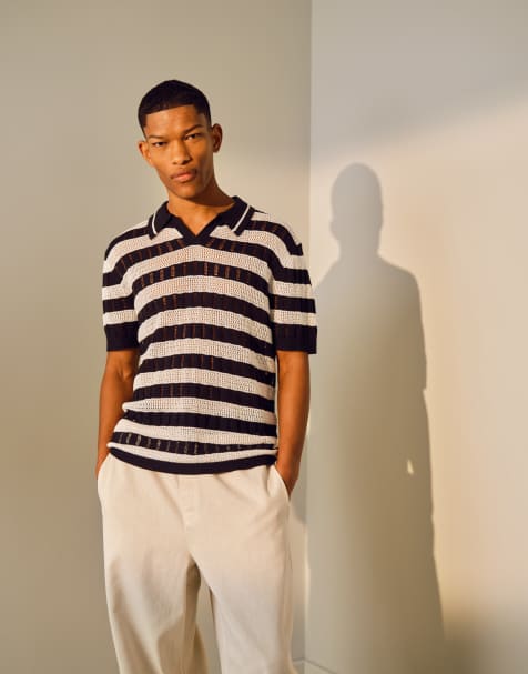 Topman relaxed ladder stitch crochet polo shirt in monochrome
