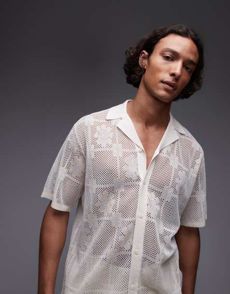 Topman revere floral crochet shirt in ecru