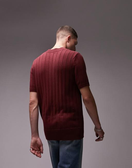 Topman - T-shirt à col montant et manches courtes en maille variée - Bordeaux, 2 de 4