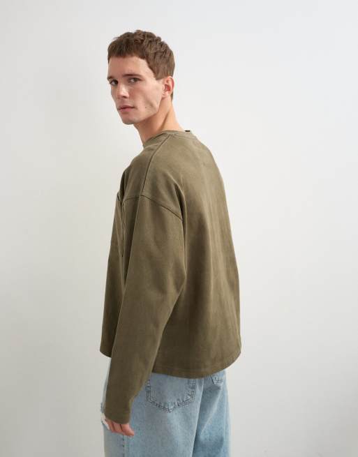 Topman t-shirt à manches longues coupe relaxed épais en kaki délavé, 4 de 5