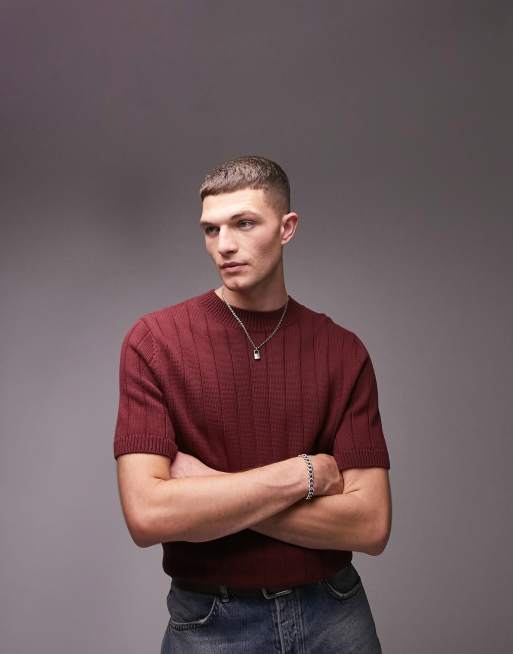 Topman - T-Shirt a maniche corte con cuciture miste e collo alto bordeaux