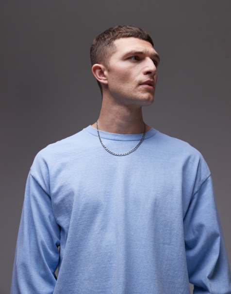 Topman - T-shirt a maniche lunghe azzurra lavaggio vintage - view 1