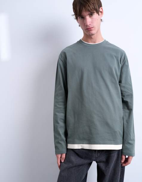 Topman - T-shirt a maniche lunghe in jersey verde salvia e crema a doppio strato - view 1