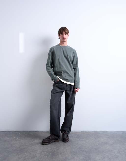 Topman - T-shirt a maniche lunghe in jersey verde salvia e crema a doppio strato, 2 di 5