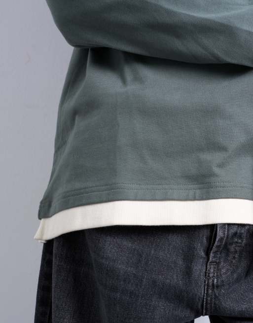 Topman - T-shirt a maniche lunghe in jersey verde salvia e crema a doppio strato, 4 di 5