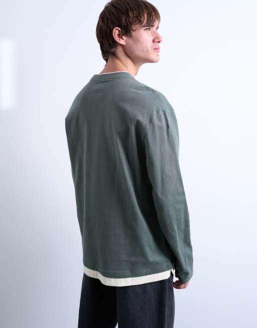 Topman - T-shirt a maniche lunghe in jersey verde salvia e crema a doppio strato, 5 di 5