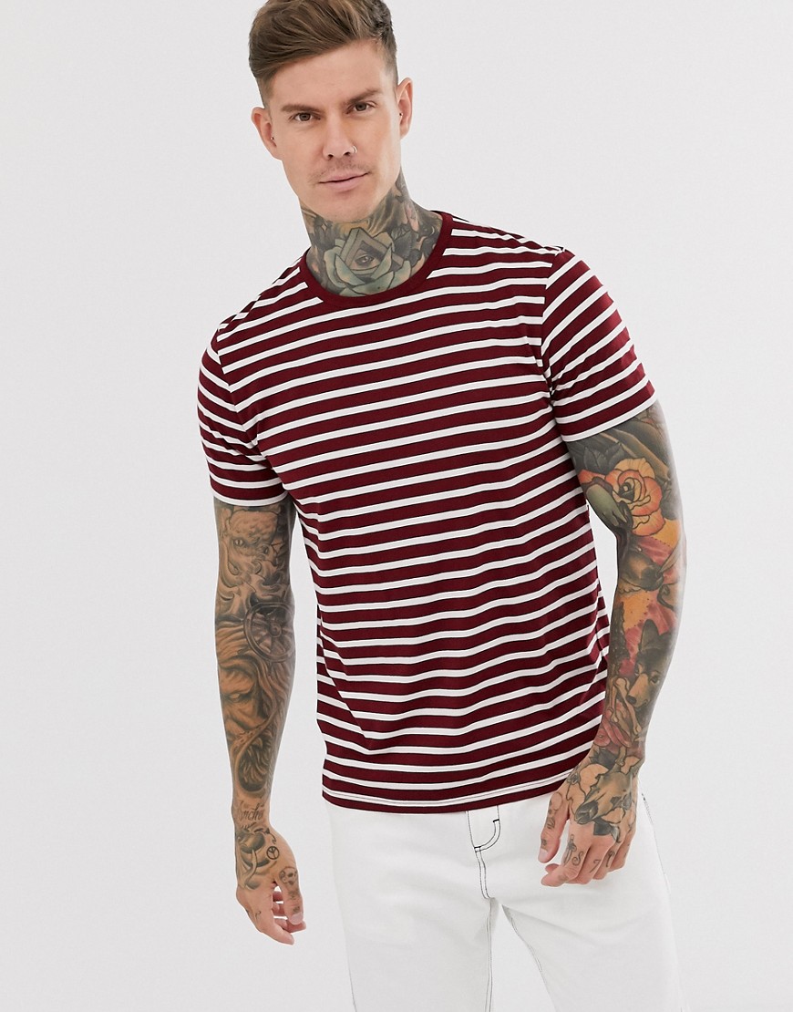 Topman - T-shirt a righe bordeaux e bianche-Rosso