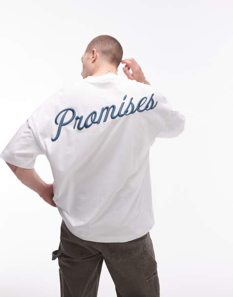 Topman – T-Shirt aus schwerem Material in Weiß mit „Promises“-Stickerei in Grün und extremer Oversize-Passform - view 1
