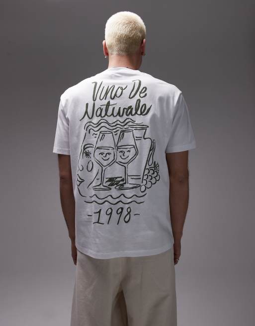 Topman - T-shirt bianca con stampa in rilievo sul davanti e sul retro “Vino Naturale”