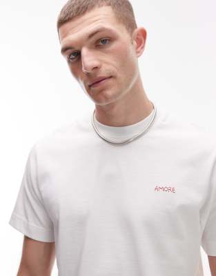 Topman - T-shirt classique avec broderie Amore » - Écru-Blanc